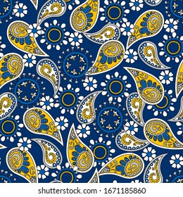 Diseño abstracto sin inconvenientes en estilo paisajista. Impresión étnica brillante para textiles y papel en colores blanco, azul y amarillo. Ilustración vectorial.
