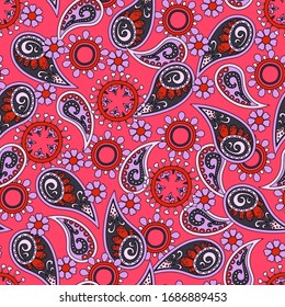 Seamless abstract pattern in paisley style. Bright traditional print for textiles and paper in red-pink colors. Vector illustration.