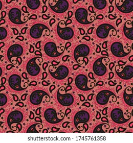 Nahtlose abstrakte Muster im Paisleystil. Heller Druck für Textilien und Papier in rosa und lila Farben. Vector-Abbildung.