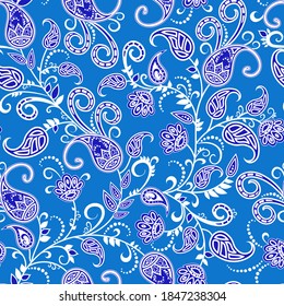 Seamless abstract pattern in paisley style. Bright ethnic print for textiles and paper in blue colors. Vector illustration.