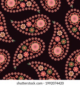 Patrón abstracto impecable en estilo paisley. Impresión tradicional brillante para textiles y papel. Ilustración vectorial.
