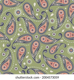 Seamless abstract pattern in paisley style. On a green background - a colored ornament of cucumbers. Printing for textiles and paper. Vector illustration.