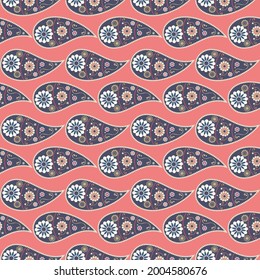 Patrón abstracto impecable en estilo paisley. En un fondo rosado - un adorno de colores de pepinos. Impresión en textiles y papel. Ilustración vectorial.