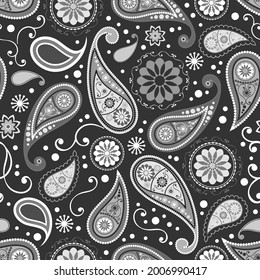 Seamless abstract pattern in Paisley style. On a black background - a colored ornament of cucumbers. Printing on textiles and paper. Vector black and white illustration.