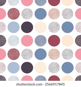 Seamless abstract pattern with pastel and earth-toned circles, featuring solid and dotted designs in blue, pink, beige, and burgundy shades