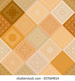 Seamless abstract pattern Patchwork frame of trendy colored floral flower tiles. For wallpaper, surface textures, textile. Summer-Autumn Design. India, Islam ethnic round style. Beige, brown. vector 