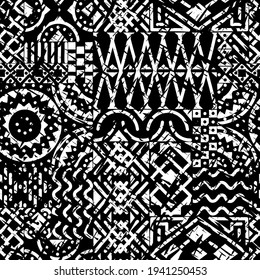 Seamless abstract pattern in patchwork style. Aged black and white print for textiles and paper. Vector illustration.