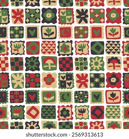 Seamless abstract pattern in patchwork style. Print of square doodle tiles.
