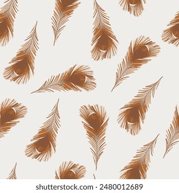 Seamless abstract pattern with peacock feather. simple summer brown theme colour peacock feather background pattern used for textiles, wallpapers..,