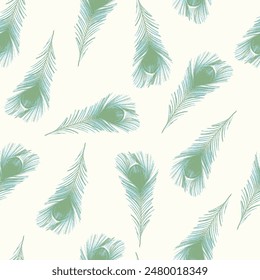 Seamless abstract pattern with peacock feather. simple winter green colour peacock feather background pattern used for textiles, wallpapers..,