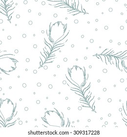 Seamless abstract pattern with peacock feathers and dots. Vintage white background. Vector light backdrop. Hand-drawn texture.