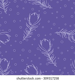 Seamless abstract pattern with peacock feathers and dots. Vintage blue background. Vector backdrop. Hand-drawn texture.