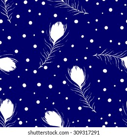 Seamless abstract pattern with peacock feathers and dots. Vintage blue background. Vector backdrop. Hand-drawn texture.