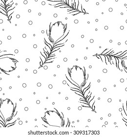 Seamless abstract pattern with peacock feathers and dots. Vintage white and black background. Vector light backdrop. Hand-drawn texture.