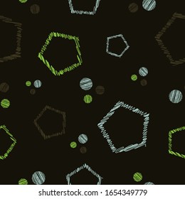 Seamless abstract pattern pentagon scribbled shapes on dark background repeat endless cover texture for textile, clothing, wrapping paper, wallpapers, curtains, carpet, fashion fabric prints