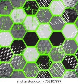 seamless abstract pattern with pentagons. Black,white,grey,green neon colors. Chaotic pattern for textiles, clothing. Wallpaper for boys and girls