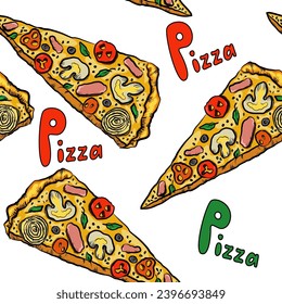 Seamless abstract pattern with piece of pizza, Pizza hand drawn lettering. White, yellow, red, green. Vector. Hand drawn. Design for textile fabrics, wrapping paper, background, wallpaper, cover.