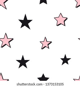 Seamless abstract pattern with pink and black stars on white background. Girlish starry seamless pattern. Perfect for bedding and sleepwear textile and fabric.
