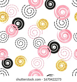 Seamless abstract pattern with pink, black and golden spirals.