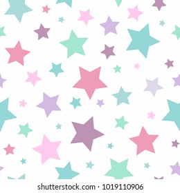 Seamless abstract pattern with pink and blue sharp stars on white background. Vector illustration.  Vector fireworks illustration. Cosmos texture for paper, wrapping and fabric. Magic sky