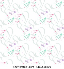 Seamless abstract pattern with pink and blue sharp stars on white background. Vector illustration. Vector fireworks illustration. Cosmos texture for paper, wrapping and fabric. Magic sky