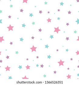 Seamless abstract pattern with pink and blue sharp stars on white background. Vector illustration. Vector fireworks illustration. Cosmos texture for paper, wrapping and fabric. Magic sky