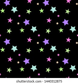 Seamless abstract pattern with pink and blue sharp stars on black background. Vector illustration. Vector fireworks illustration. Cosmos texture for paper, wrapping and fabric. Magic sky eps10