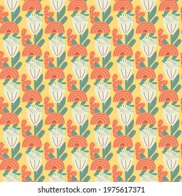 Seamless abstract pattern with pink colored floral ornament print. Yellow background. Flowers and rainbow shapes. Flat vector print for textile, fabric, giftwrap, wallpapers. Endless illustration.