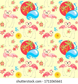 Seamless abstract pattern with pink flamingo birds, Frangipani flowers and palm trees for fashion print and wrapping paper. Flat design.