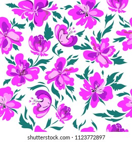 Seamless abstract pattern with pink floral elements. Image of exotic tropical flowers on a white background. Imitation of the painting by watercolor. Summer motives. Vector illustration.