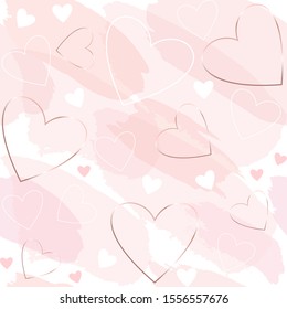Seamless abstract pattern. Pink, golden, white, nude hearts and brush strokes on a white background.  Vector design template for banner, card, cover.