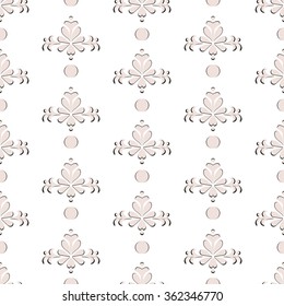 Seamless abstract pattern. Pink patterns with shadow on white background. Soft and delicate design. Pastel colors. Symmetry and infinity. Vector illustration.