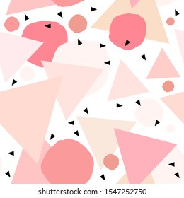 Seamless abstract pattern. Pink, peach, white, powder, nude, black triangles and round stains on a white background.  Vector geometric background.