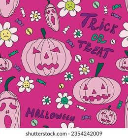 Seamless abstract pattern with pink pumpkins, flowers, coins, lettering. Pink, black, white, purple. Vector. Halloween. Design for textile fabrics, wrapping paper, background, wallpaper, cover.