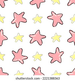 Seamless abstract pattern with pink and yellow stars on white background. Girlish starry seamless pattern. Perfect for bedding and sleepwear textile and fabric.