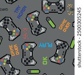seamless abstract pattern in pixel game style. With dice, words, for boys. Textiles, print, t-shirts, web
