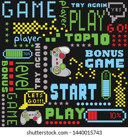 seamless abstract pattern in pixel game style. With dice, words, for boys. Textiles, print, t-shirts, web