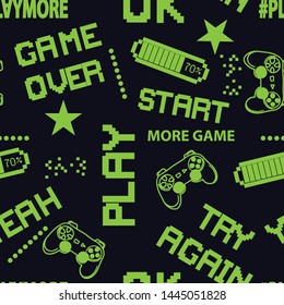 seamless abstract pattern in pixel game style. With dice, words, for boys. Textiles, print, t-shirts, web