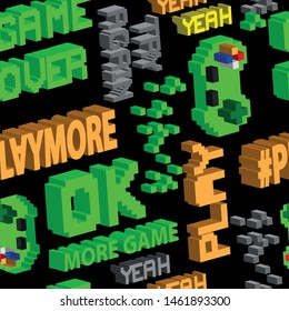 seamless abstract pattern in pixel game style. With dice, words, for boys. Textiles, print, t-shirts, web