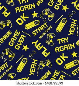 seamless abstract pattern in pixel game style. With dice, words, for boys. Textiles, print, t-shirts, web