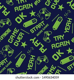 seamless abstract pattern in pixel game style. With dice, words, for boys. Textiles, print, t-shirts, web