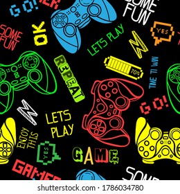 seamless abstract pattern in pixel game style. With dice, words, for boys. Textiles, print, t-shirts, web