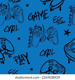 seamless abstract pattern in pixel game style. With dice, words, for boys. Textiles, print, t-shirts, web