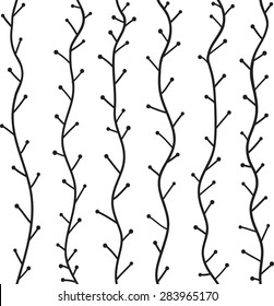 Seamless abstract pattern in the plant design. Black-and-white graphics, branches, tree trunks, painted hands.