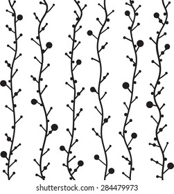 Seamless abstract pattern in the plant design. Black-and-white graphics, branches, tree trunks and circles, painted hands.
