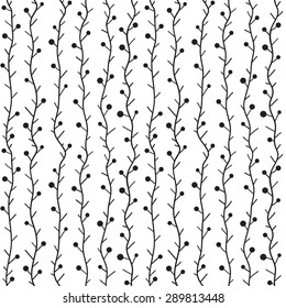 Seamless abstract pattern in the plant design. Black-and-white graphics, branches, tree trunks and circles, painted hands.
