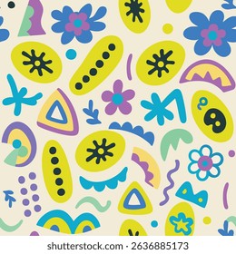 Seamless abstract pattern, playful hand-drawn floral and geometric shapes. Vibrant chartreuse, blue and purple on cream. Naive, whimsical and retro style for kids' decor and fun textiles