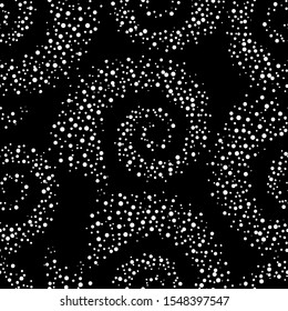Seamless abstract pattern in polka dot style. On a black background spirals from white dots. Vector illustration.
