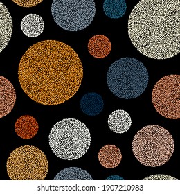 Seamless abstract pattern in polka dot style. Multicolored balloons on a black background. Vector illustration.