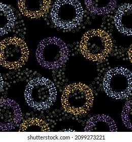Seamless abstract pattern in polka dot style. Multicolored balloons on a black background. Vector illustration. Seamless vector illustration with pink and purple geometric shapes.